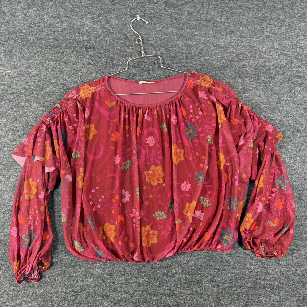 Free People Wildflower Honey Berry Floral Mesh Blouse Top size XS Boho Peasant